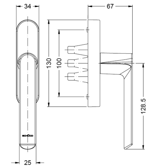 Размеры ручки Schuco оконной с редуктором, арт. 269559 